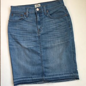 {J.Crew} Frayed Denim Pencil Skirt